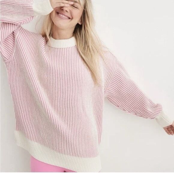 aerie Sweaters - Aerie Pink Ribbed Knit Crewneck Sweater S Oversized Cozy Cotton Blend